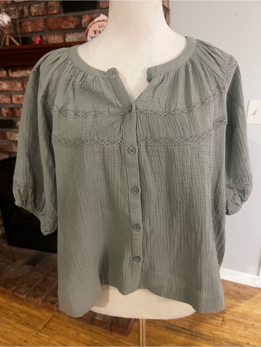 Marine Layer Sage Green Button-Front Peasant Top